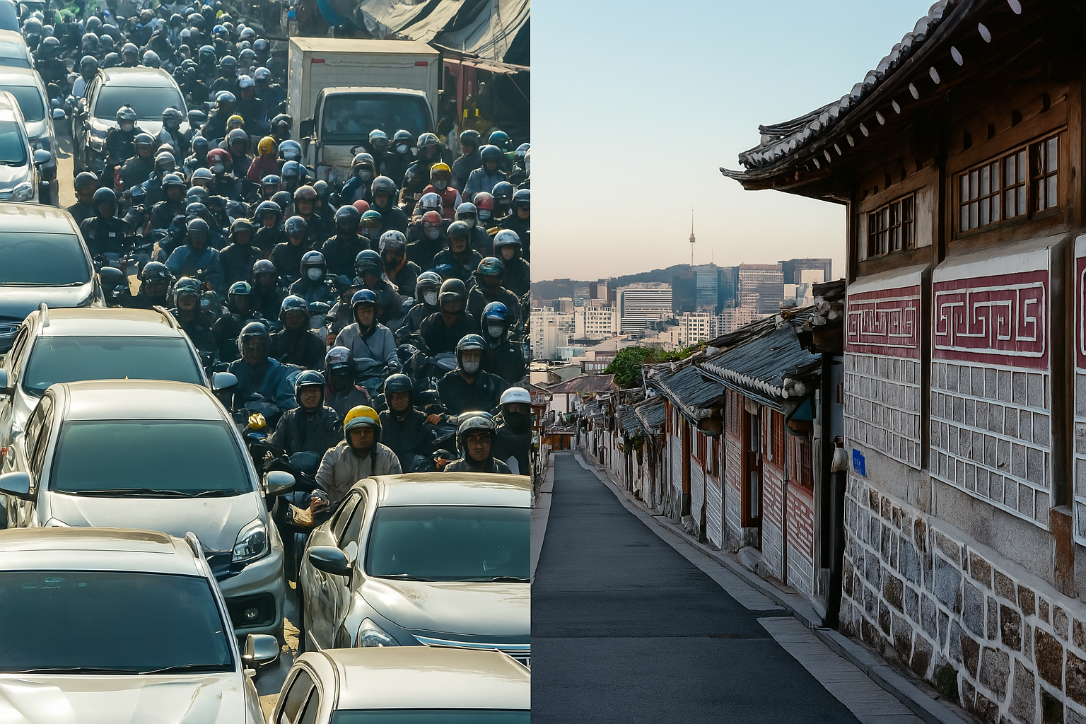Split-view image of Jakarta’s vibrant street life and Seoul’s structured cityscape, illustrating the contrast and insight gained from a global life.