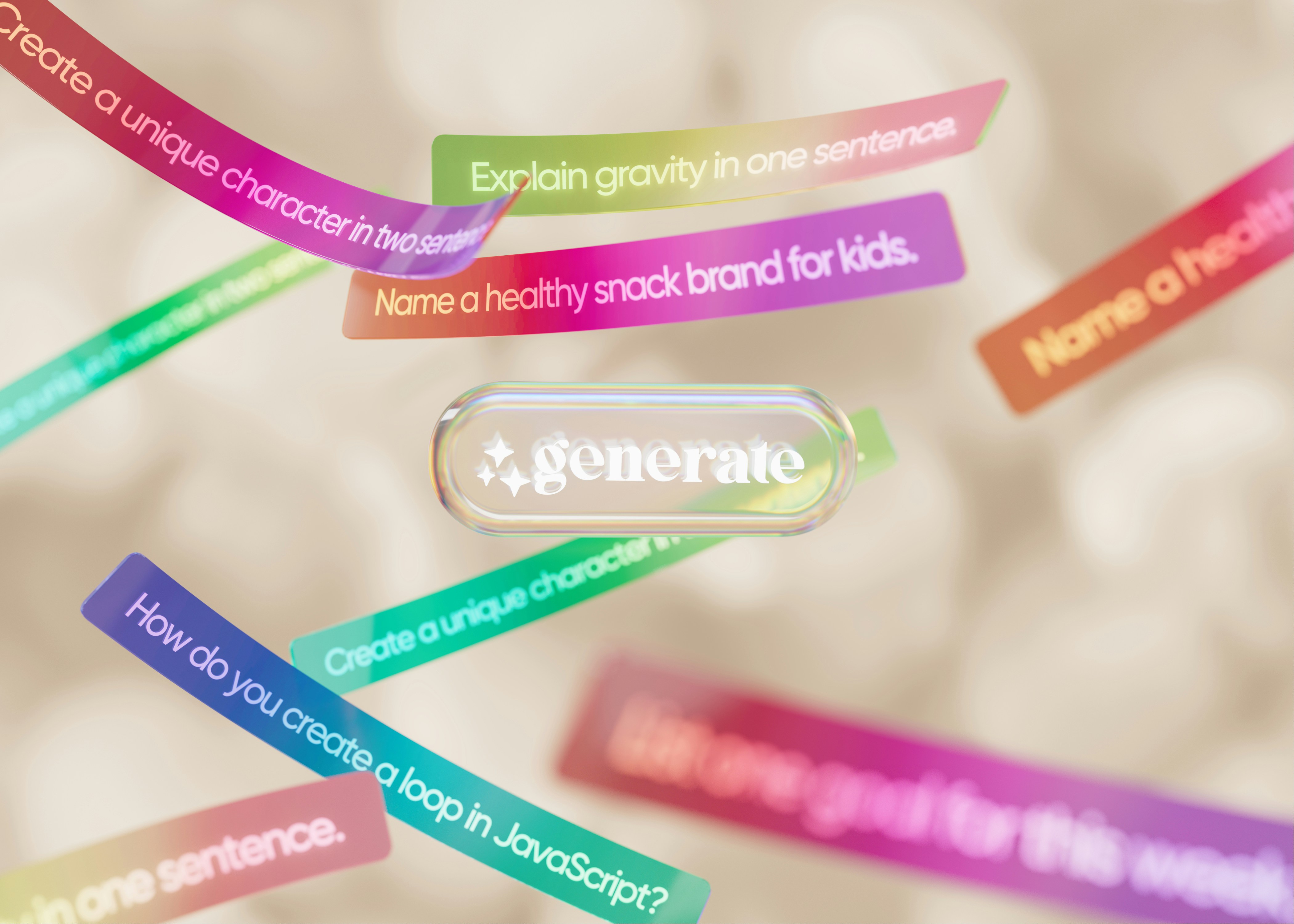 Colorful AI-powered prompt suggestions floating around a central "generate" button, symbolizing how AI tools and agents streamline content creation in marketing.