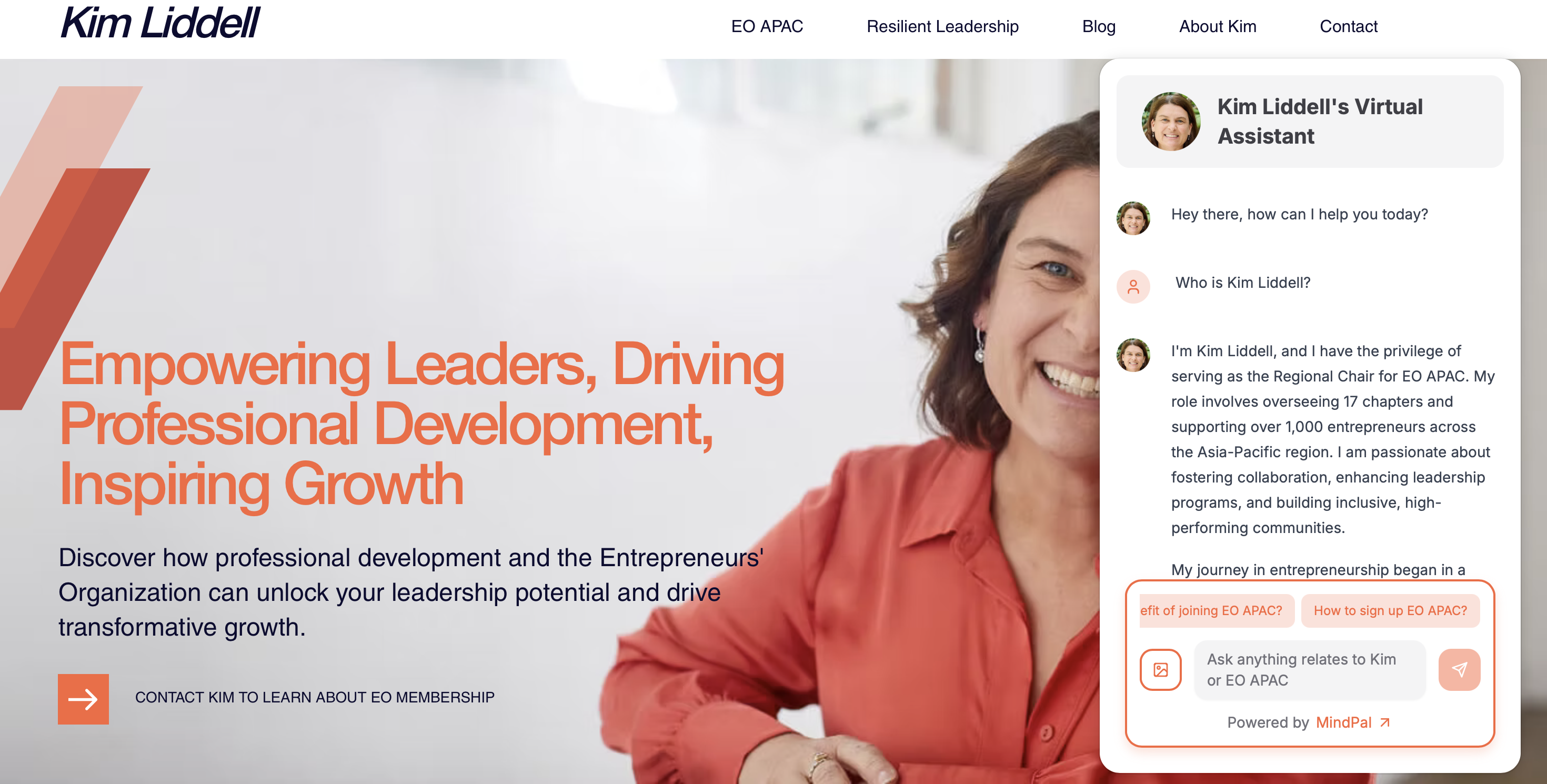 AI-powered chatbot on Kim Liddell's website assisting users with EO APAC inquiries, showcasing the role of AI Agents in automated customer engagement.