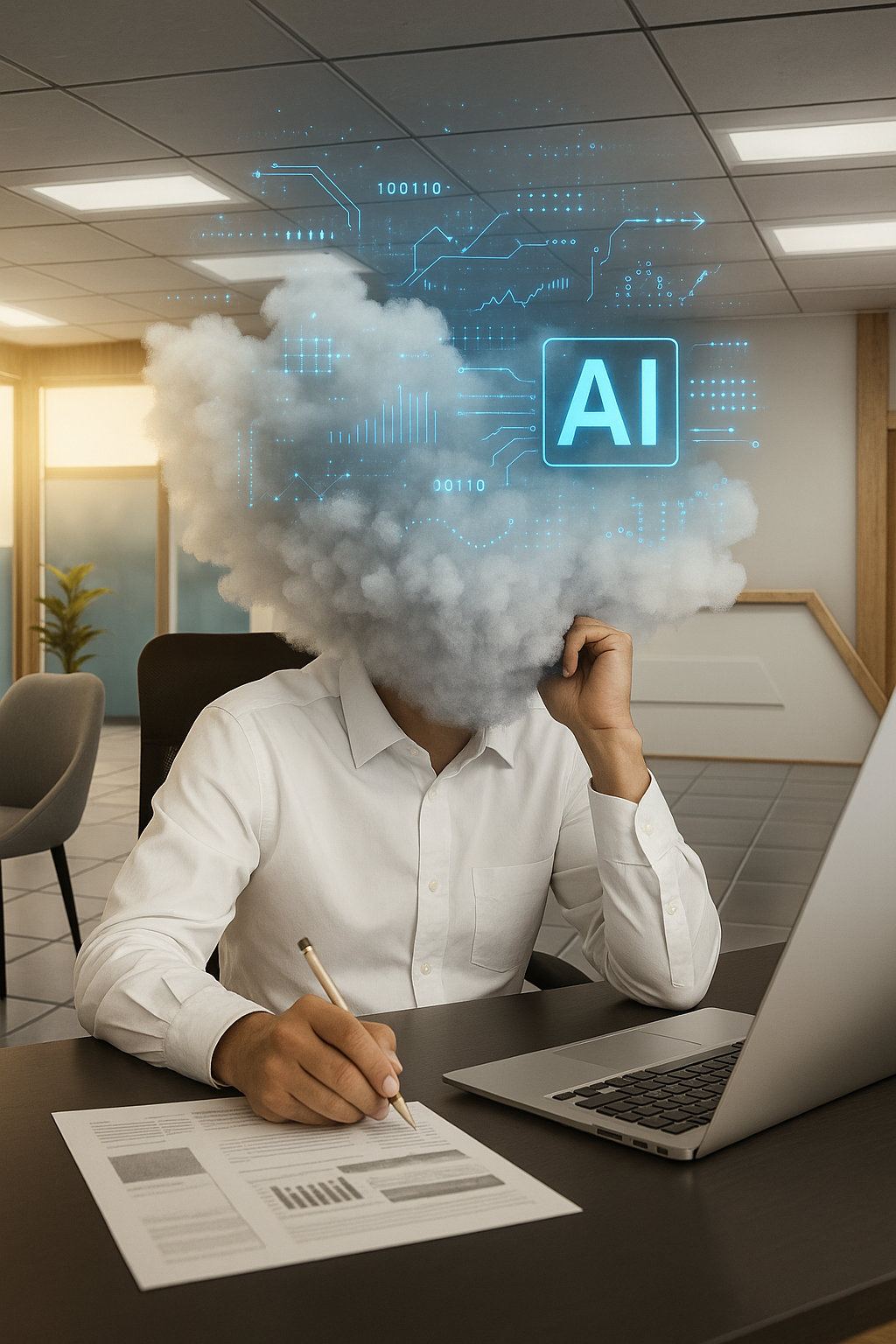 Professional businessman in suit with cloud-shaped head representing disconnected thinking and AI psychosis in business decision-making